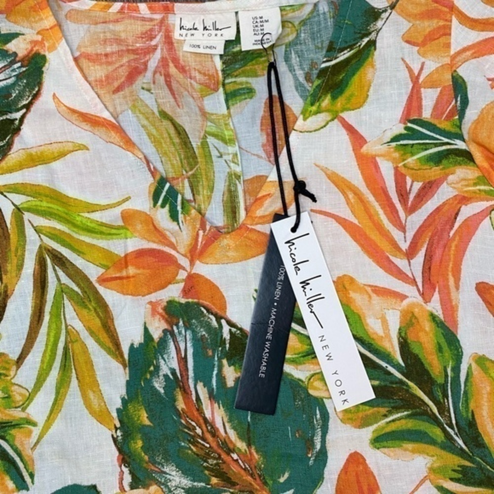 NWT Linen Nicole Miller | Tropical Floral Print V-Neck Shift Mini Dress - Picture 7 of 8